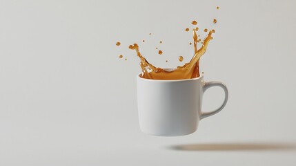   A white coffee cup with a splash of orange liquid on a light grey background