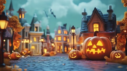 Obraz premium A spooky Halloween street scene with carved pumpkins, a gothic house, and streetlights.