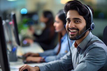 Male customer service representative in office working on computer with headset. Behind him, two colleagues are focused on tasks. Desk with keyboard, mouse, and plant create dynamic atmosphere.
