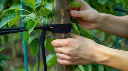 Hands tying a black strap around a young tree trunk.
