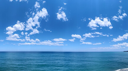Obraz premium Blue sky with white clouds and an ocean background, a panoramic view of a beach with a horizon line, a summer vacation concept captured with a wide-angle lens in natural light,calm sea water, clear we