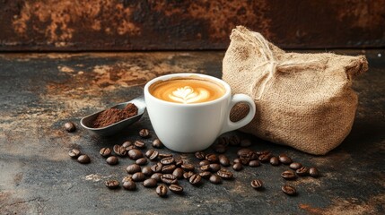 Rustic coffee experience with steaming cup vintage bag and scoop on weathered metal perfect for artisans coffee lovers and gourmet enthusiasts