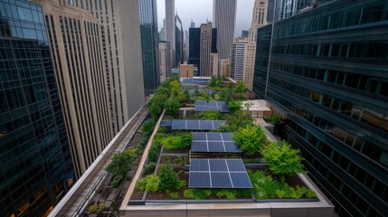 Naklejka premium A bird’s-eye view reveals an expansive rooftop filled with green gardens and solar panels, surrounded by towering high-rise buildings, showcasing urban sustainability