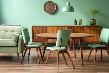 Cozy living room interior design with green sofa, wooden coffee table, wooden side table. Round wooden dining table with four chairs, pendant light. Green plant adds natural touch, clock on wall.