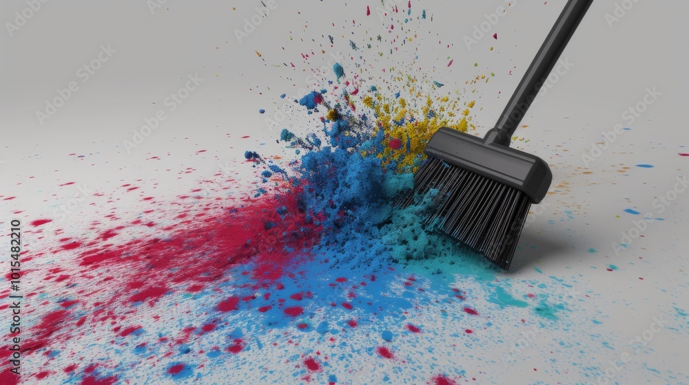 Poster multicolored powders scatter energetically as a broom sweeps through them, creating a vibrant explos
