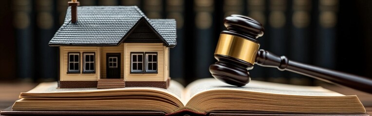 Fototapeta premium Miniature white house with court gavel, real estate legal representation concept