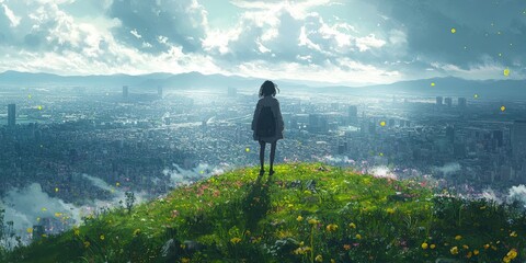 Anime girl with sword in futuristic neon cityscape with falling meteors