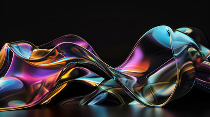 Transparent glassmorphism design with flowing holographic waves against black background. Futuristic aesthetic, abstract motion, modern art