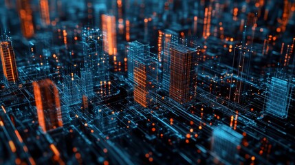 Futuristic skyline with vibrant fiber network connections symbolizing big data technology urban innovation and smart city infrastructure for digital growth