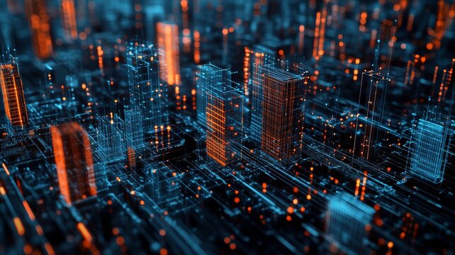 Futuristic skyline with vibrant fiber network connections symbolizing big data technology urban innovation and smart city infrastructure for digital growth