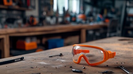 A pair of high-visibility safety goggles rests on a workbench, surrounded by scattered tools, reminding workers of the importance of safety in a workshop setting