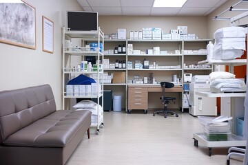 Medical office room with beige color scheme, modern furniture. Desk with computer, chair, shelf with medical supplies. Light-colored wood floor, white walls. Equipped with sink, rubbish, window with