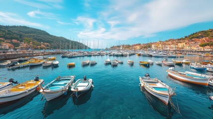 Fototapeta premium A busy harbor filled with fishing boats, yachts, and sailboats neatly docked at the pier, with calm waters and clear skies