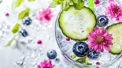   A refreshing drink with cucumbers, blueberries, and juicy watermelon slices
