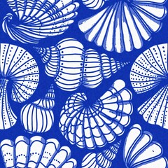 Azure blue white shell motif with linen seamless batik background, Modern coastal beach cottage rustic shell block print home decor pattern design in sealife beach style.
