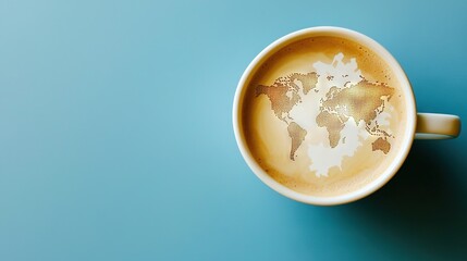   A blue background with a painted map of the world on a coffee cup