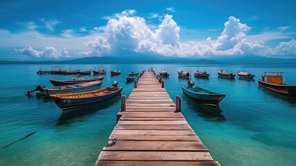 Fototapeta premium A peaceful pier with numerous boats moored along the dock, set against a bright blue sky and calm ocean waters