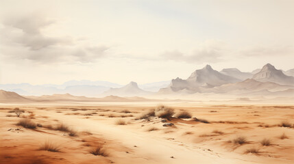 Fototapeta premium A serene desert landscape featuring soft sand dunes and distant mountains under cloudy sky. warm tones evoke sense of tranquility and vastness.