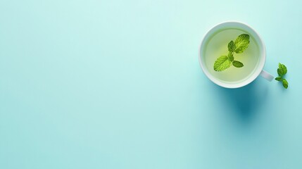  cup of green tea with mint leaves on light blue background
