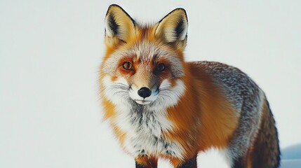 Obraz premium A red fox is captured in a close-up photo, its eyes wide open and fixed on the camera, making for a striking contrast against the snowy backdrop
