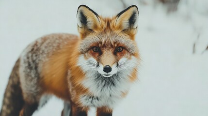 Obraz premium Close-up photo of a red fox in snow with head turned to face camera