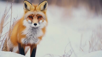Obraz premium A fox in snowy field with trees in background and grass in foreground