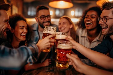 Group of friends cheers with beer glasses in pub. Multiracial people celebrate happy hour, bond over drinks, food. Bar atmosphere, wooden table, red neon sign, warm glow, camaraderie, shared