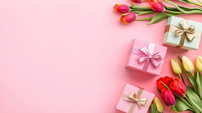 Elegant Mother's Day celebration with vibrant tulips gift boxes adorned with ribbons on a soft pastel pink backdrop for a heartfelt surprise
