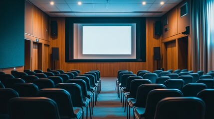Fototapeta premium Modern Seminar Room Design Featuring Stylish Seating Arrangements for Effective Business Training and Professional Presentations in a Corporate Environment