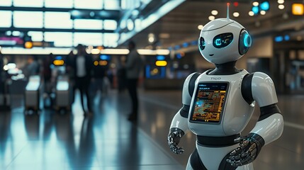 White humanoid robot with a display screen in an airport terminal with blurred people in the background.