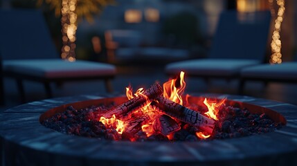 A warm and inviting fire pit with glowing embers and flames in the center of a patio, with out-of-focus lounge chairs in the background.