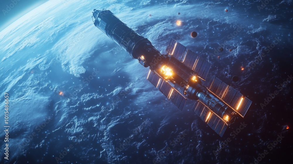 Aufkleber a spacecraft floats above earth, showcasing its intricate design and glowing lights. distant planets
