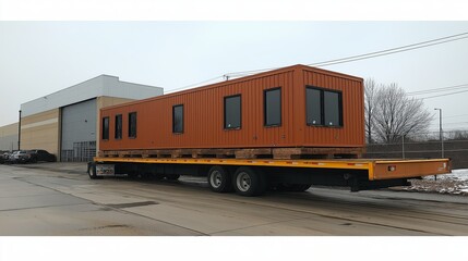 Obraz premium Finished modular building transported flatbed truck showing construction site vehicle structure equipment final destination. AI generated
