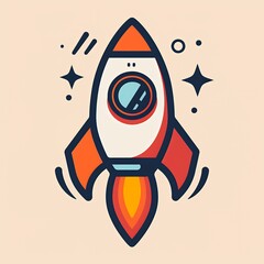 Cartoon rocket ship flying into space with fire trail and stars.