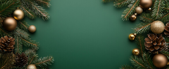 Green pine tree branches with garland, golden ornaments and pinecones on the green background