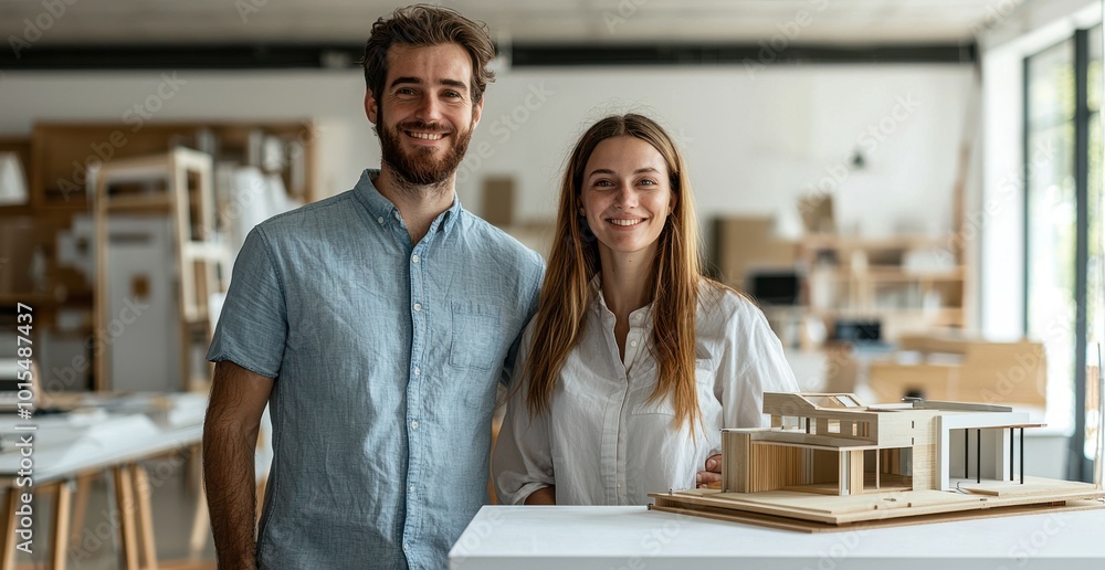 Poster smiling architects collaborating in modern office with architectural model