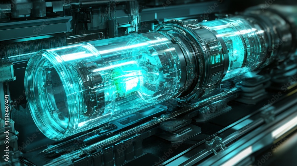 Poster a close-up shot of a futuristic, metallic machine with a large, clear cylinder inside. the cylinder 