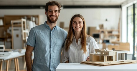 Smiling architects collaborating in modern office with architectural model