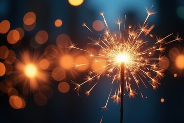Close-up of a sparkler, with glowing, out-of-focus lights creating a bokeh effect behind it