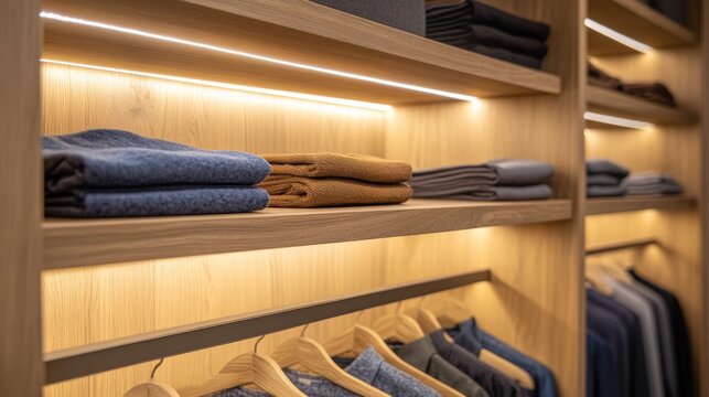 Sleek wooden closet shelves illuminated by stylish LED strips showcasing modern minimalism in wardrobe interiors for a chic and organized space