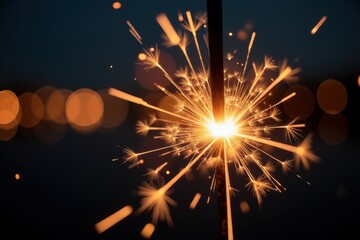 Obraz premium The sparkler shines brightly in the foreground, with blurred lights softly fading behind it