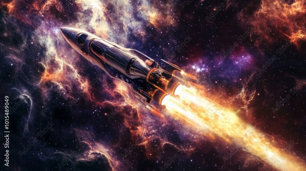 Poster a spaceship with a large, transparent cockpit flies through the vast expanse of space, its engines b
