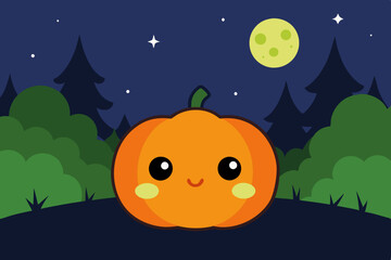 Kawaii Pumpkin in a forest at the midnight vector illustration