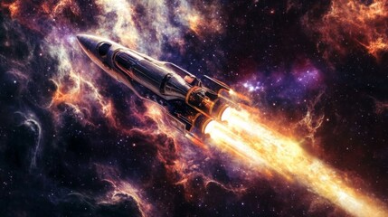 Obraz premium A spaceship with a large, transparent cockpit flies through the vast expanse of space, its engines blazing with fire and leaving a bright trail behind it