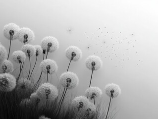 dandelion seeds drifting gracefully through the air against a stark white background, representing freedom and the fleeting nature of life, captured in a moment of delicate beauty