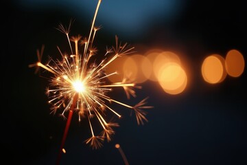 The sparkler shines brightly in the foreground, with blurred lights softly fading behind it