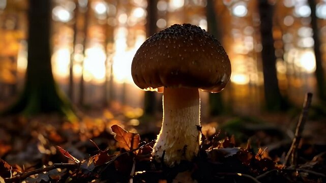 A mushroom is sitting on the ground in a forest