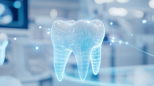 Wireframe 3D model of a tooth with blue lights in a blurred dentist office background.