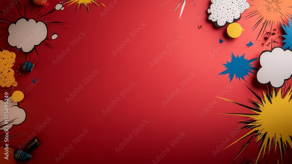 Poster a vibrant comic book template showcasing various speech bubbles and dynamic patterns on a striking r