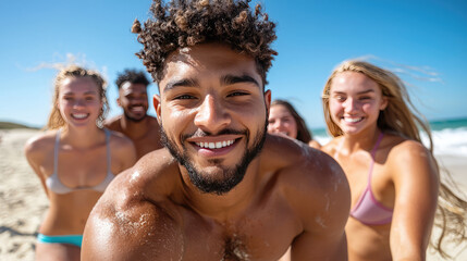Obraz premium the group of friend teens playing beach volleyball under the sunny sky 